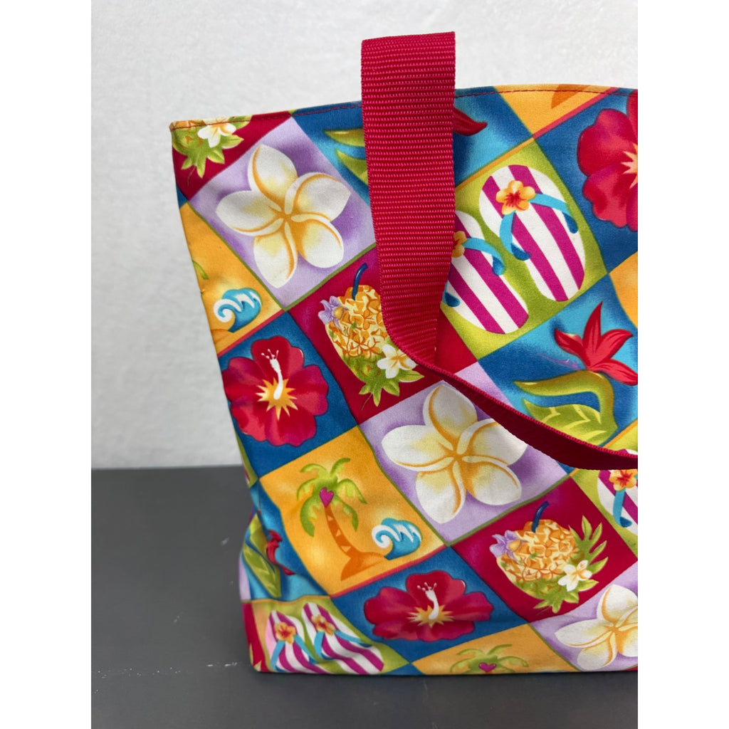 Hawaiian-Style Tote Bag With Colorful Floral & Tropical Print Red Handles