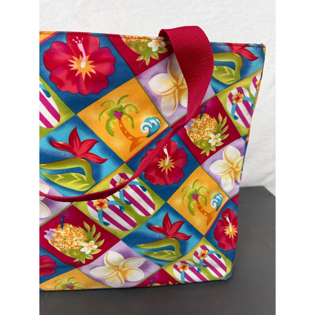 Hawaiian-Style Tote Bag With Colorful Floral & Tropical Print Red Handles