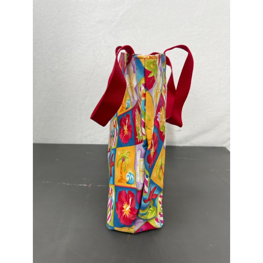 Hawaiian-Style Tote Bag With Colorful Floral & Tropical Print Red Handles