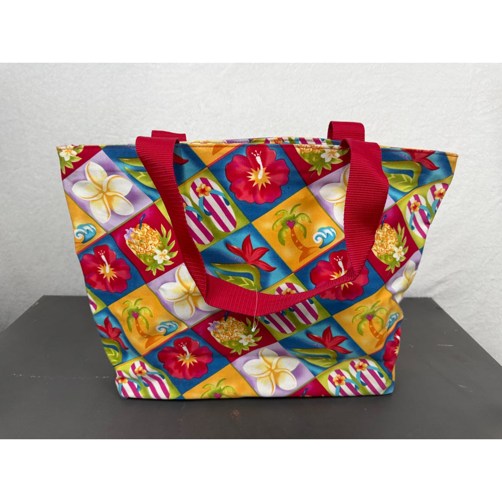Hawaiian-Style Tote Bag With Colorful Floral & Tropical Print Red Handles