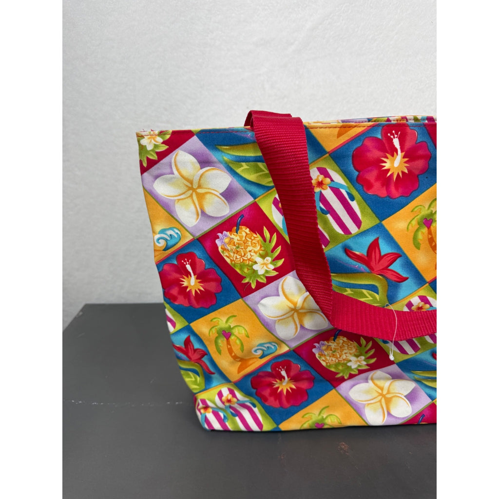 Hawaiian-Style Tote Bag With Colorful Floral & Tropical Print Red Handles