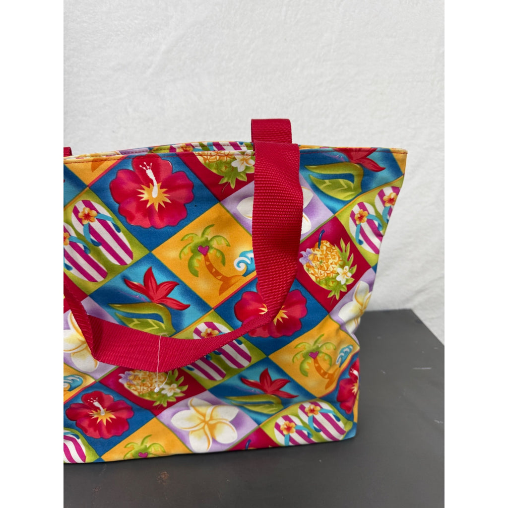 Hawaiian-Style Tote Bag With Colorful Floral & Tropical Print Red Handles