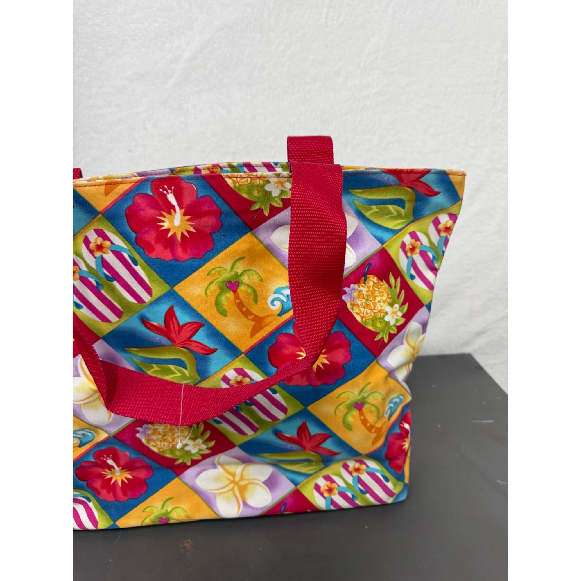 Hawaiian-Style Tote Bag With Colorful Floral & Tropical Print Red Handles