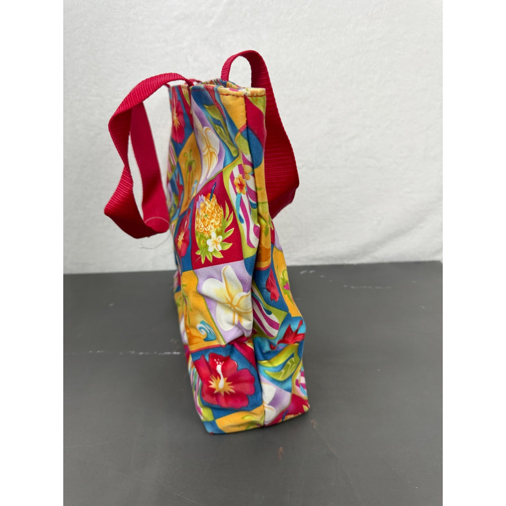 Hawaiian-Style Tote Bag With Colorful Floral & Tropical Print Red Handles