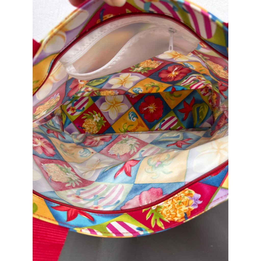 Hawaiian-Style Tote Bag With Colorful Floral & Tropical Print Red Handles