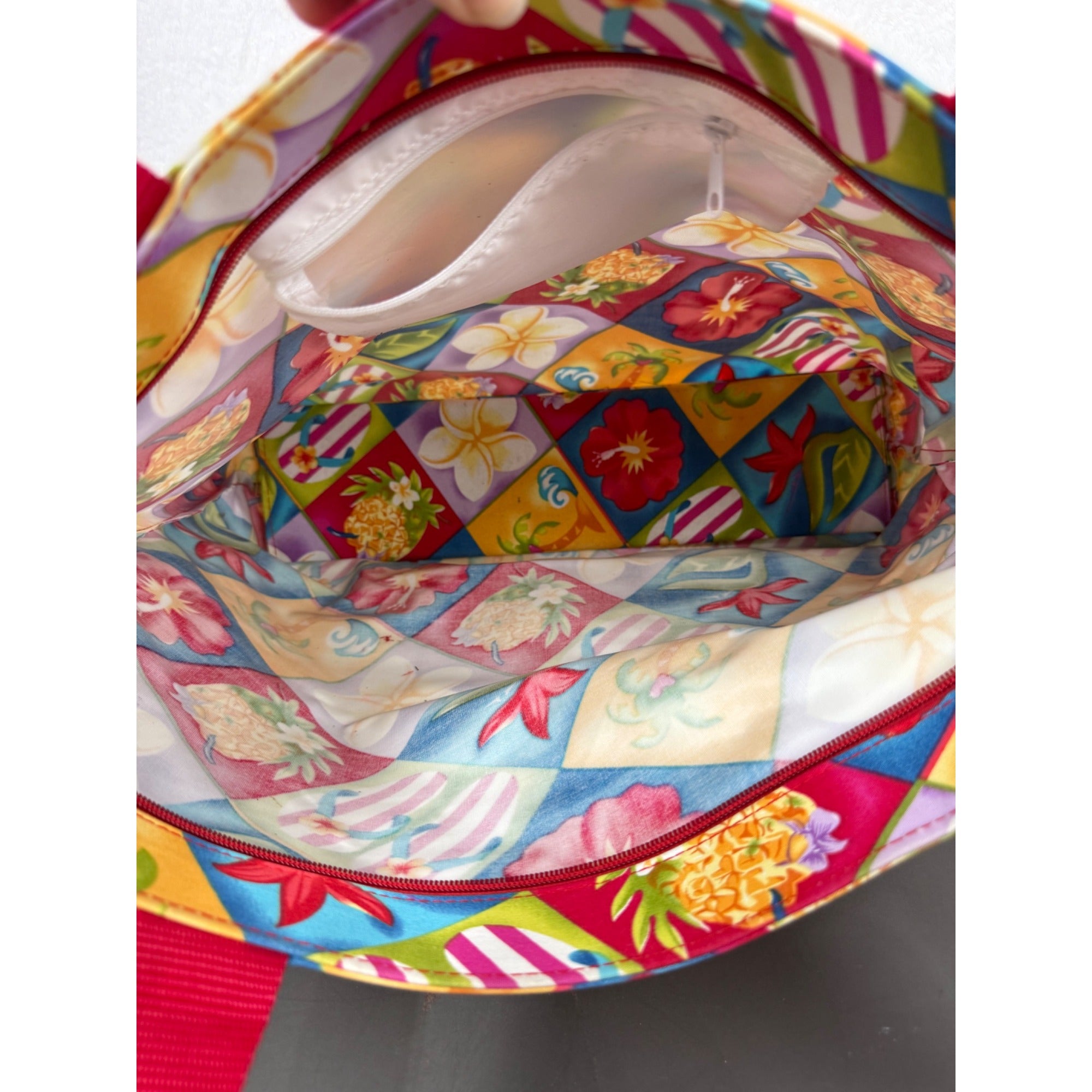 Hawaiian-Style Tote Bag With Colorful Floral & Tropical Print Red Handles