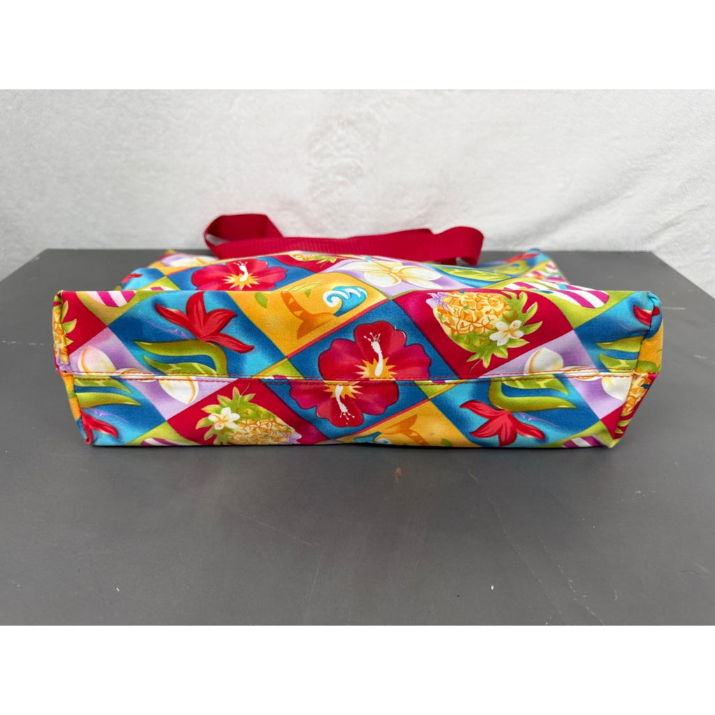 Hawaiian-Style Tote Bag With Colorful Floral & Tropical Print Red Handles