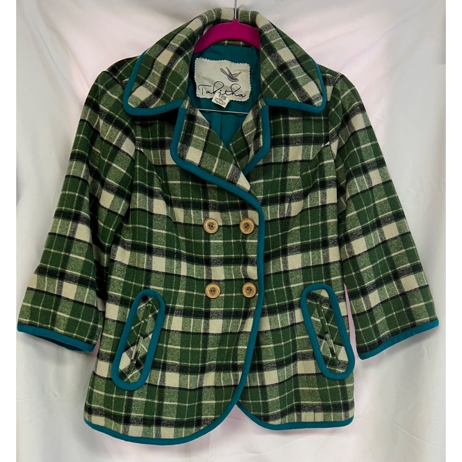 Tabitha green plaid 3/4 sleeve wool blend blazer jacket size Small