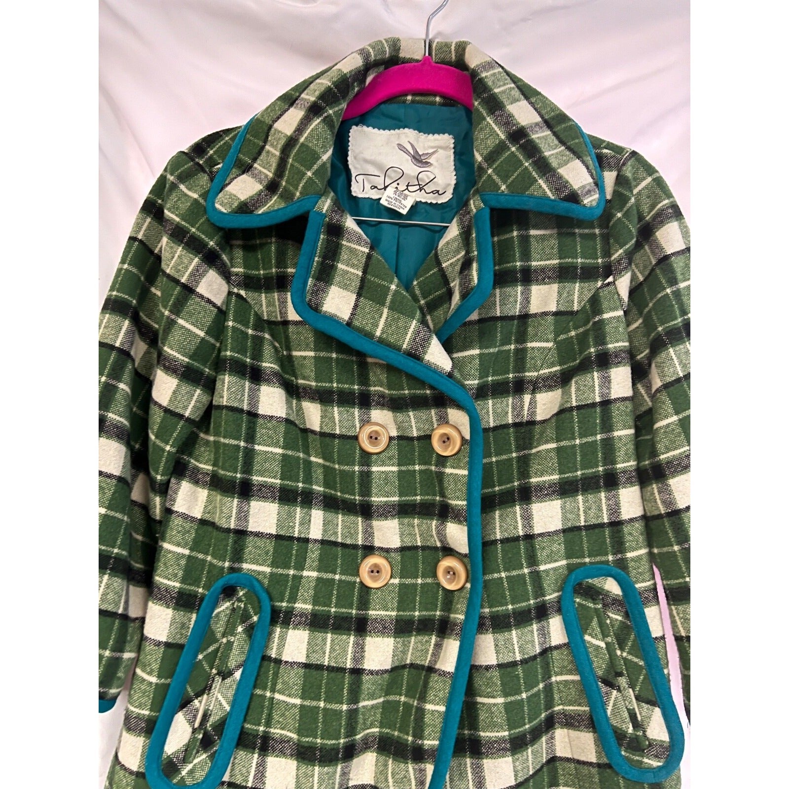 Tabitha green plaid 3/4 sleeve wool blend blazer jacket size Small