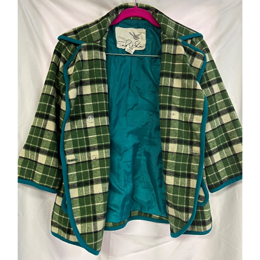 Tabitha green plaid 3/4 sleeve wool blend blazer jacket size Small