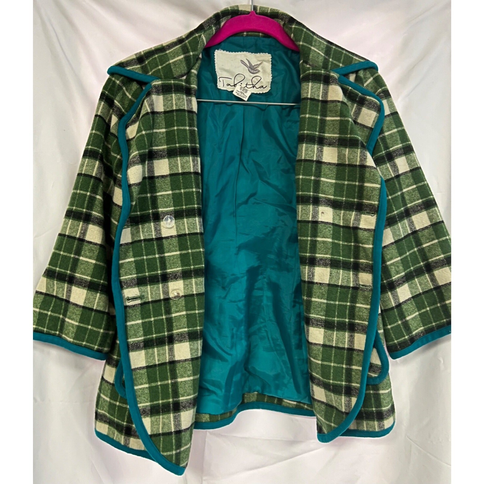 Tabitha green plaid 3/4 sleeve wool blend blazer jacket size Small