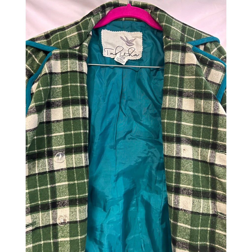 Tabitha green plaid 3/4 sleeve wool blend blazer jacket size Small