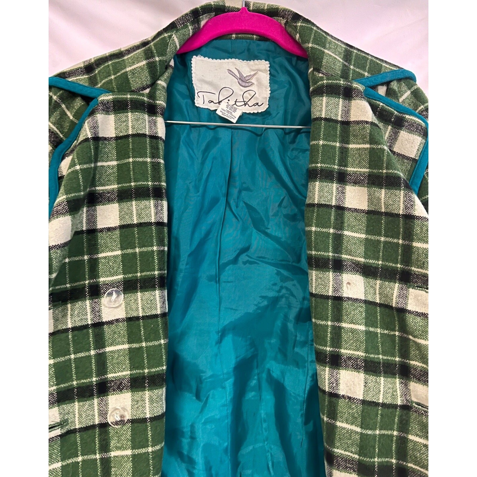 Tabitha green plaid 3/4 sleeve wool blend blazer jacket size Small