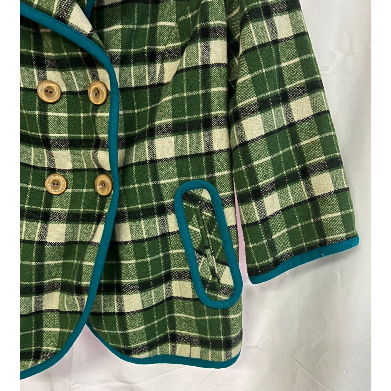 Tabitha green plaid 3/4 sleeve wool blend blazer jacket size Small