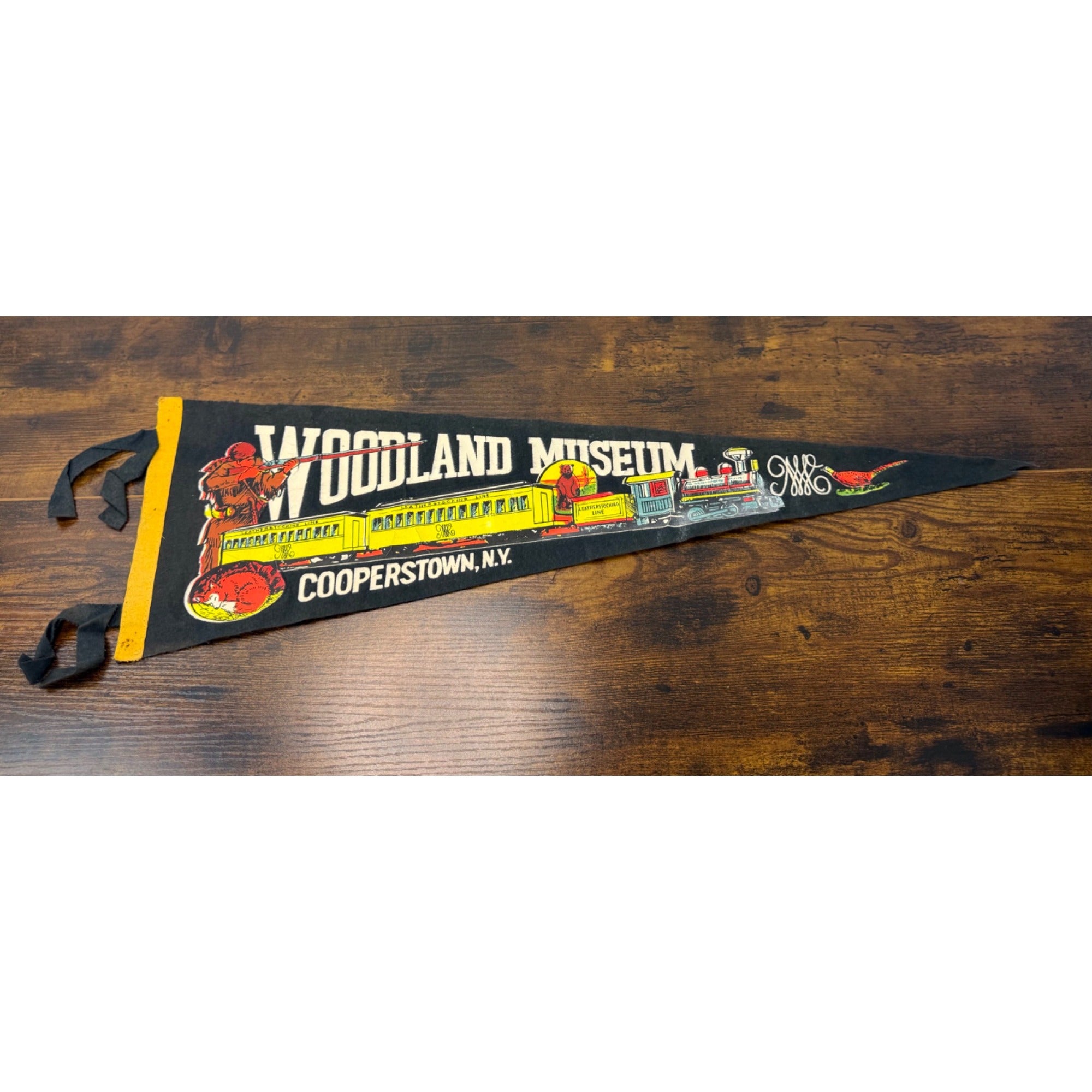 Vintage Woodland Museum Cooperstown N.Y. Felt Pennant With Train & Hunter damaged