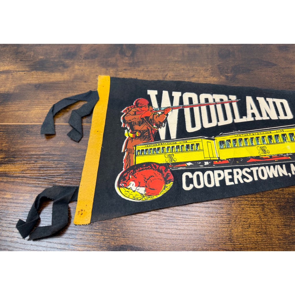 Vintage Woodland Museum Cooperstown N.Y. Felt Pennant With Train & Hunter damaged