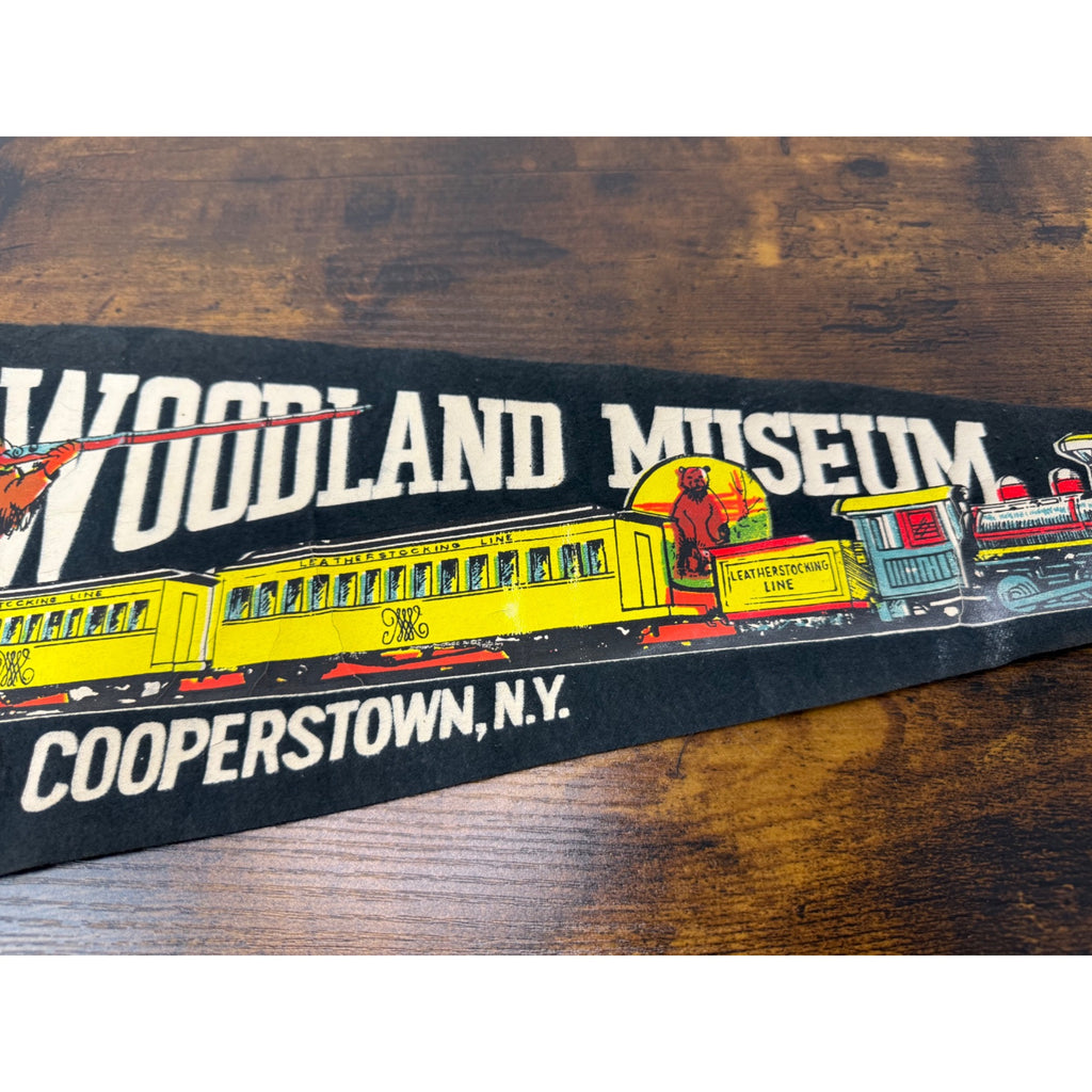 Vintage Woodland Museum Cooperstown N.Y. Felt Pennant With Train & Hunter damaged