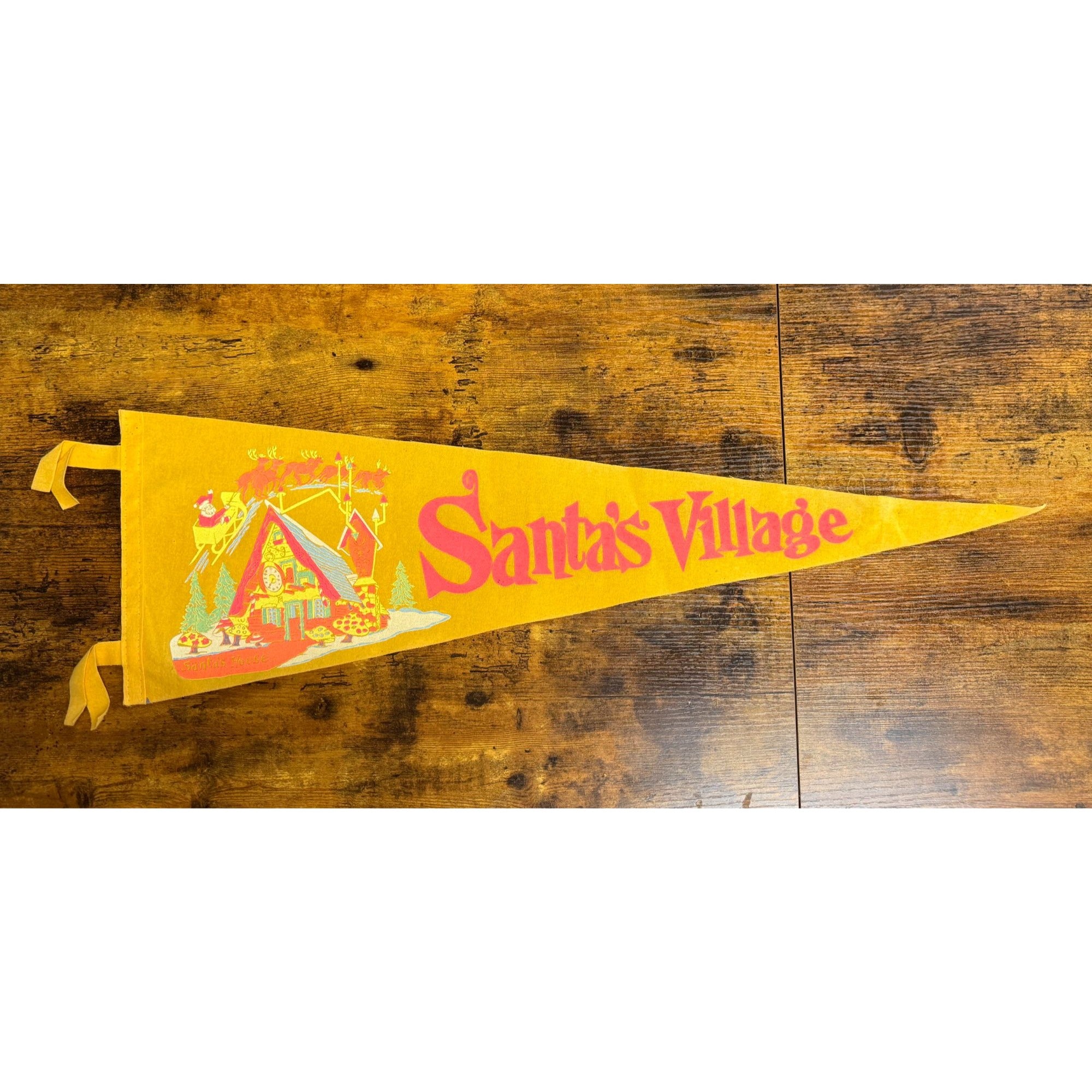 Vintage Santas Village Yellow Felt Pennant With Santas House Graphic & Ties
