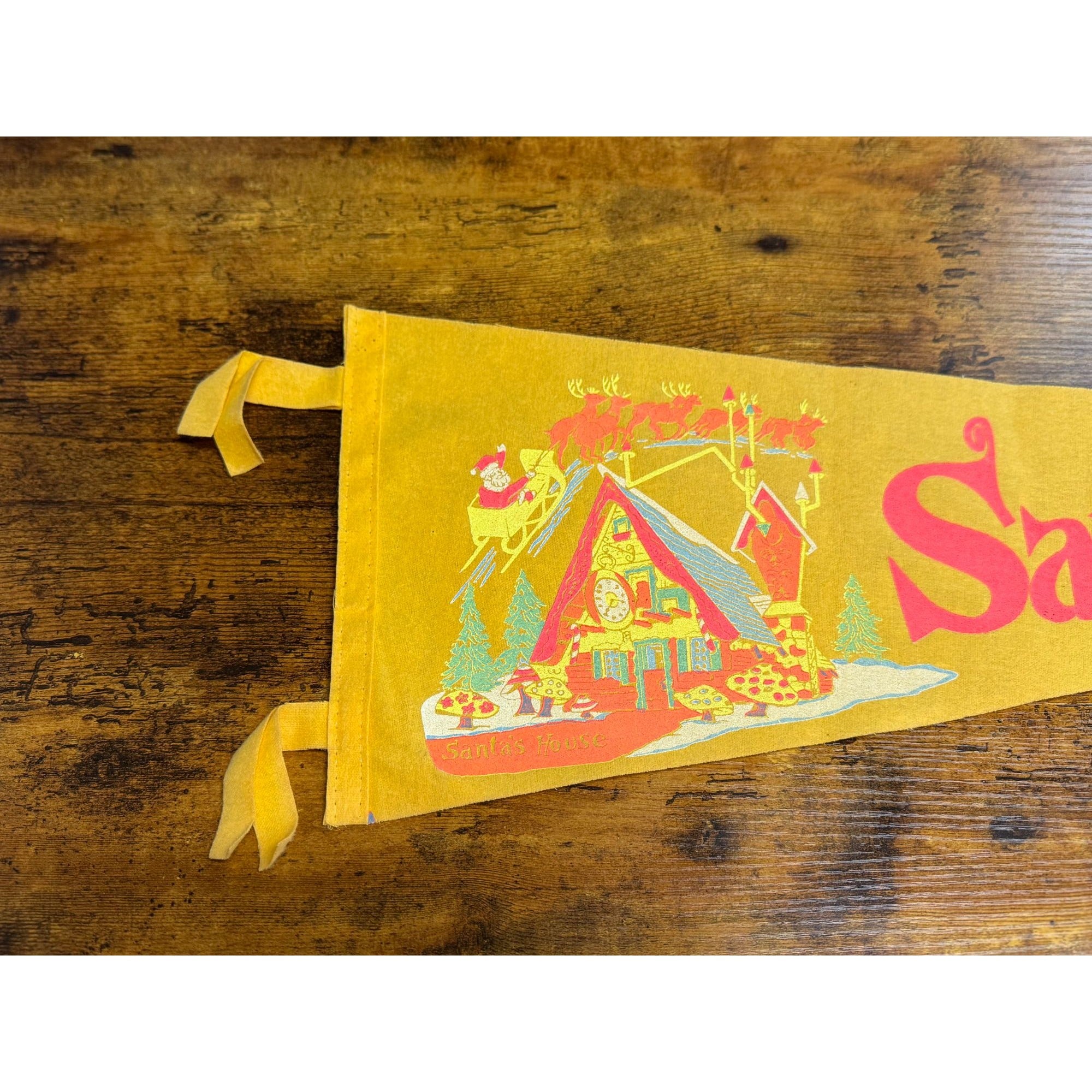 Vintage Santas Village Yellow Felt Pennant With Santas House Graphic & Ties