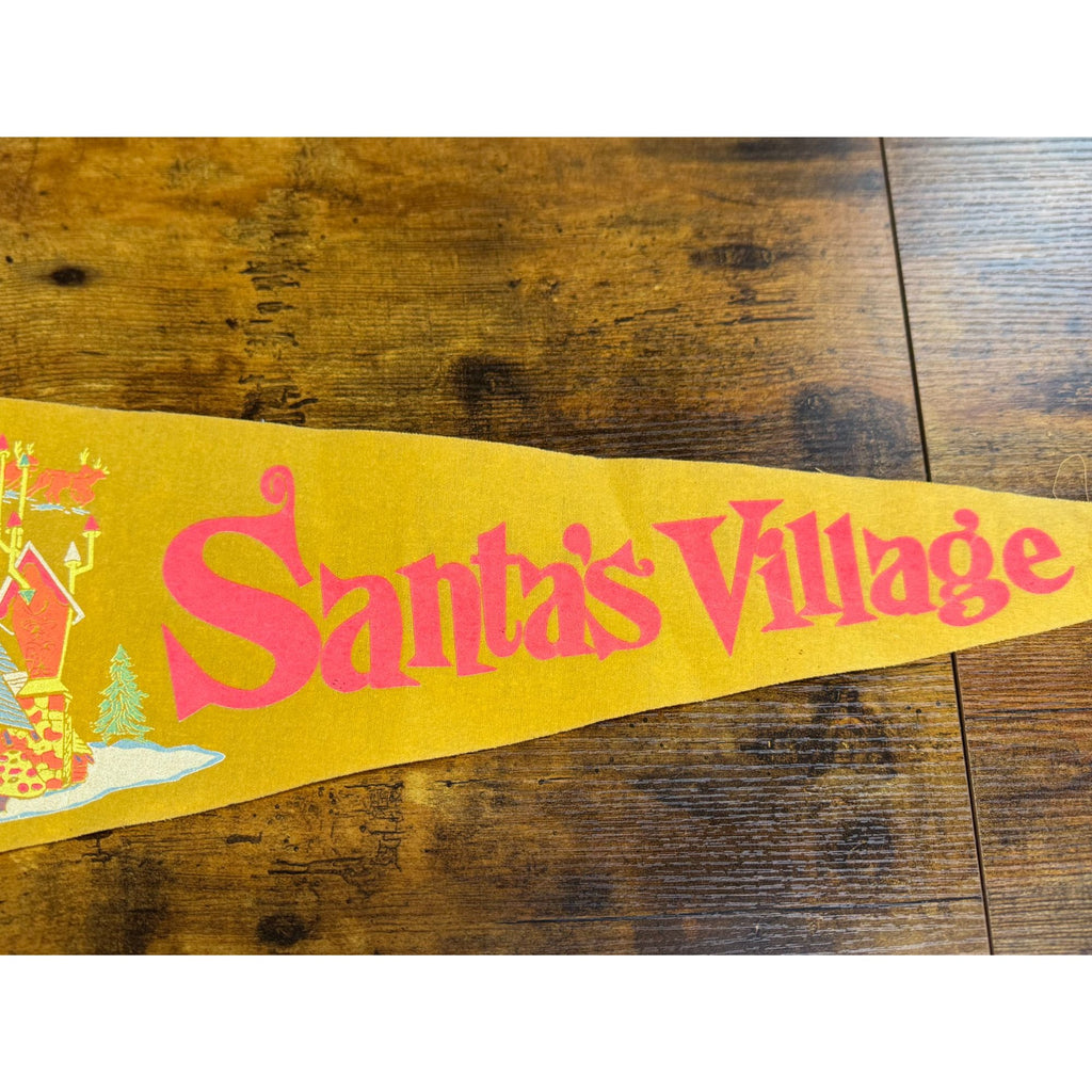 Vintage Santas Village Yellow Felt Pennant With Santas House Graphic & Ties