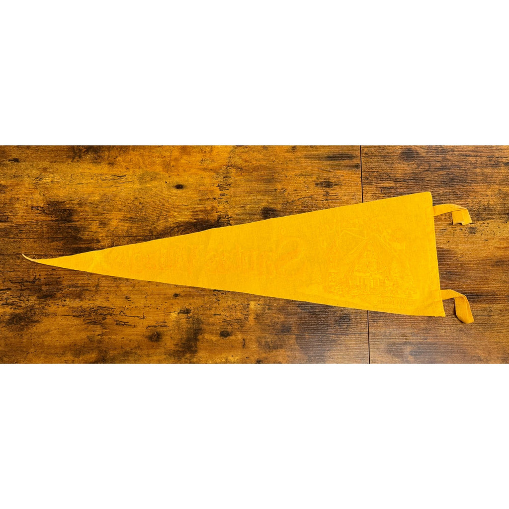 Vintage Santas Village Yellow Felt Pennant With Santas House Graphic & Ties