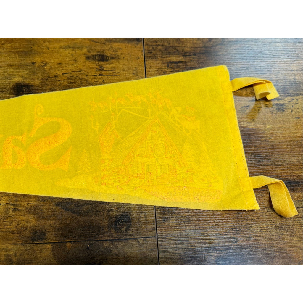 Vintage Santas Village Yellow Felt Pennant With Santas House Graphic & Ties